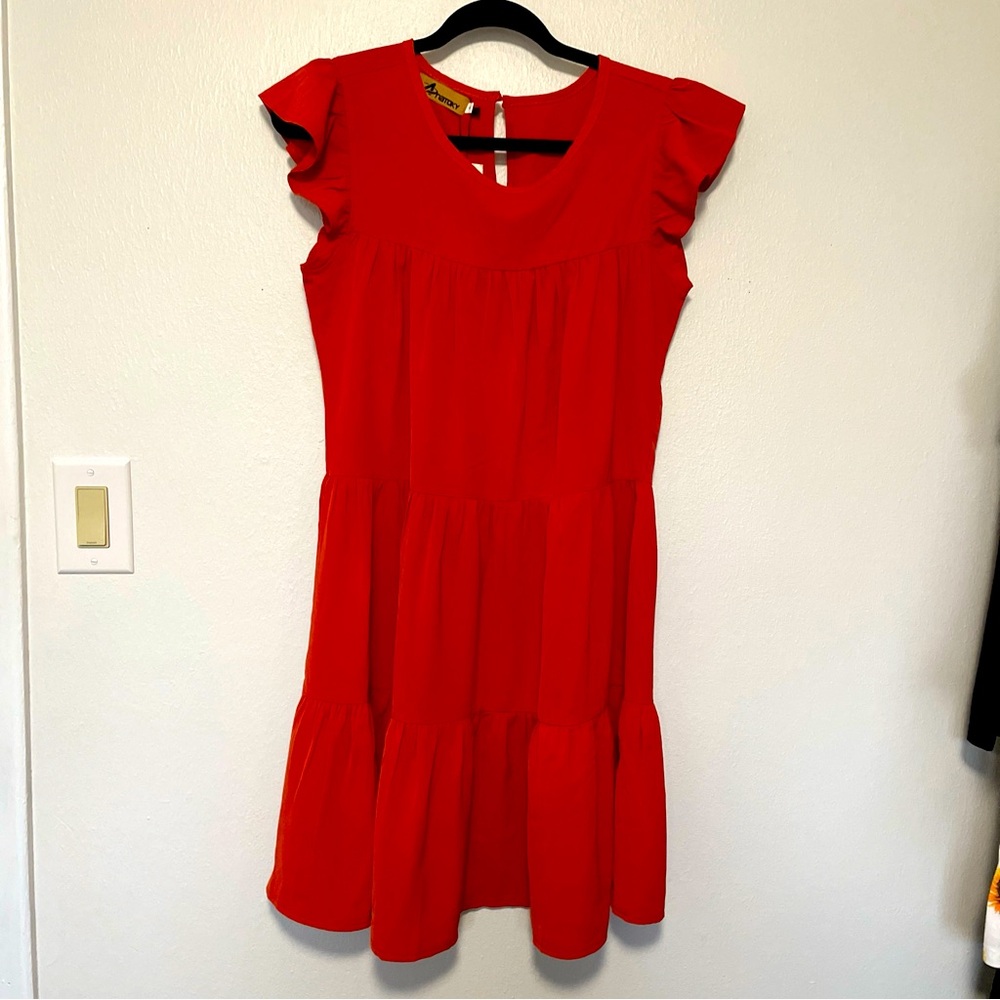 NWT ANATOKY SUMMER DRESS SMALL WITH FLUTTER SLEEVES AND TIERED BRICK RED